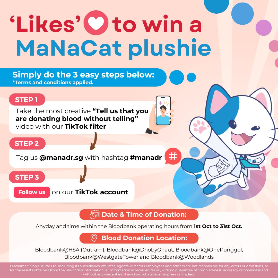 manadrmh's tweet photo. Join us from 1st to 31st October for our blood donation campaign at any of the stated blood bank &amp; Stand a chance to win a MaNaCat Plushie delivered to your home.

For details, read more here: https://t.co/bUs3SXfpQ2 https://t.co/RNimD9JrHC