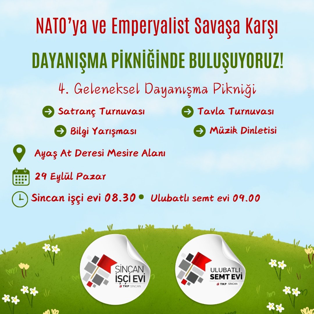 Bu pazar (29 Eylül) 4. Geleneksel Dayanışma Pikniğimizde buluşuyoruz. Bu yıl pikniğimizin aynı zamanda NATO’ya ve Emperyalist Savaşa Karşı yurtseverlerin bir araya geldiği bir buluşma olacak. Pikniğimize bütün dostlarımızı bekliyoruz.
#Sincan