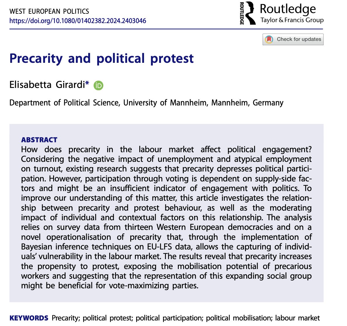 Elisabetta Girardi (@elisabetta_gir) on Twitter photo Just out on <a href="/WEPsocial/">WEP Journal</a> ! If you are interested in how occupational precarity impacts political engagement, you can download it here: tandfonline.com/eprint/RTQTFRD… Just out on <a href="/WEPsocial/">WEP Journal</a> ! If you are interested in how occupational precarity impacts political engagement, you can download it here: tandfonline.com/eprint/RTQTFRD…
