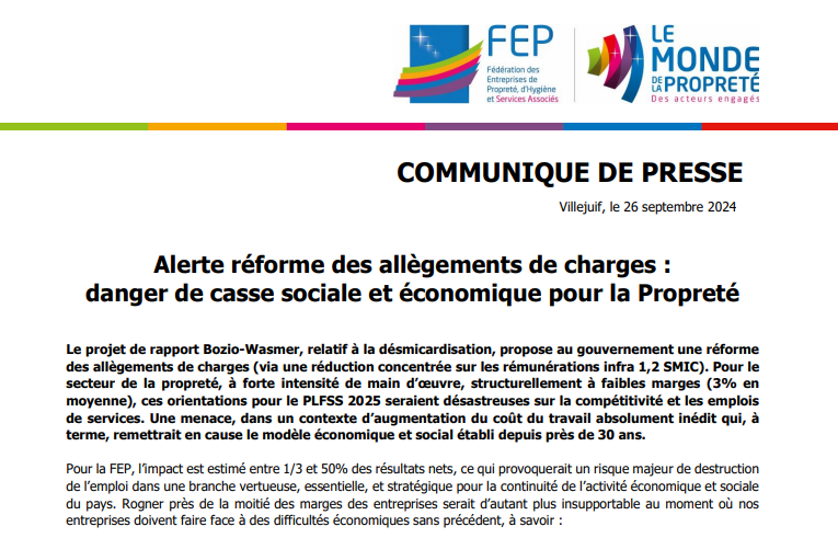 🔴[COMMUNIQUE DE PRESSE] La <a href="/FedeProprete/">FédéPropreté</a> alerte sur le danger d'une casse sociale et économique sectorielle qui découlerait d'une réforme des allègements de charges issue du #PLFSS2025. 
Notre réaction à retrouver ici ➡️urlz.fr/smlx