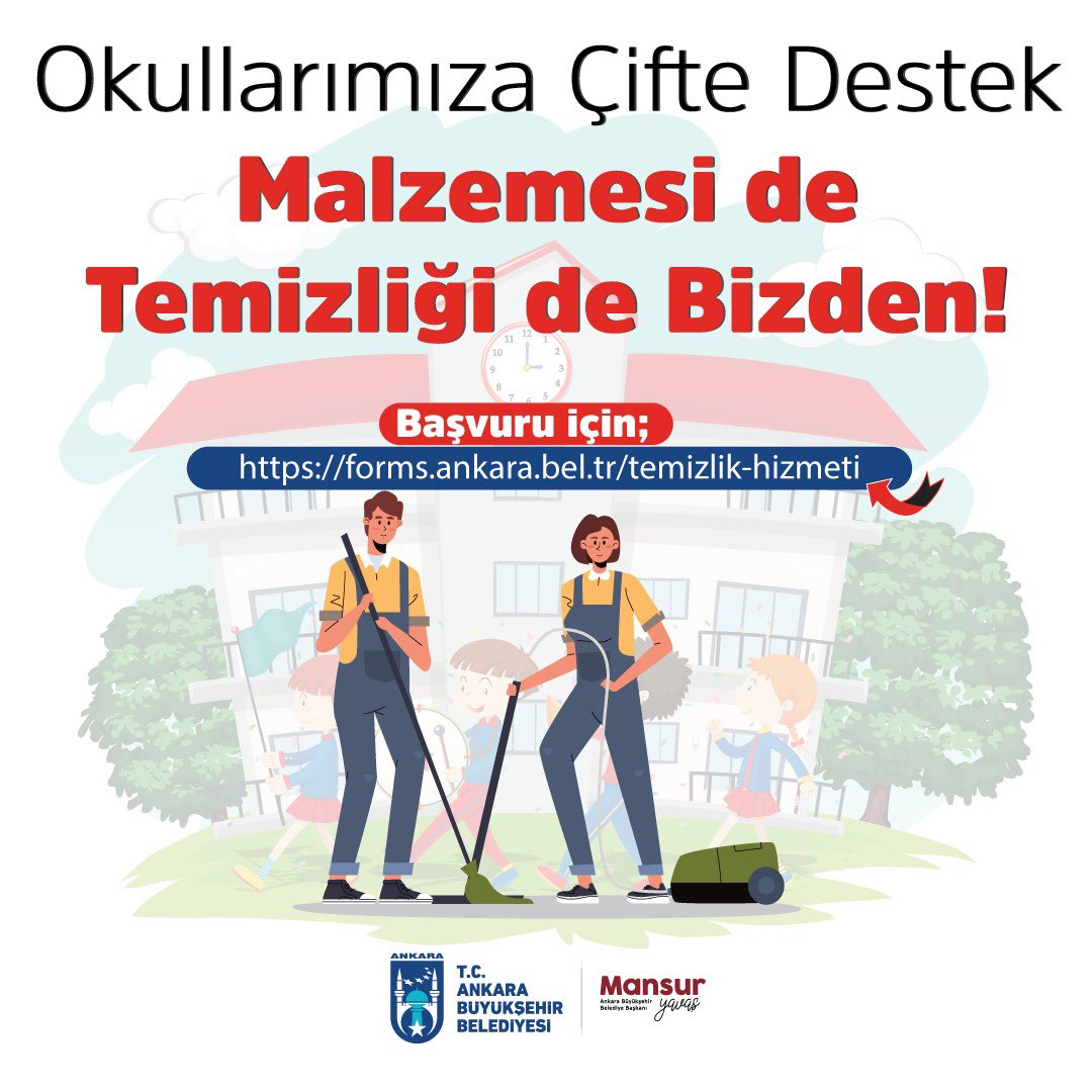 Hafta sonu temizlik hizmetlerimizden faydalanmak isteyen okullar için başvuru formu: forms.ankara.bel.tr/temizlik-hizme…

Geleceğimiz olan çocuklarımızın hijyenik ve sağlıklı ortamlarda eğitim almasını desteklemek için temizlik taleplerinizi iletin. ✨