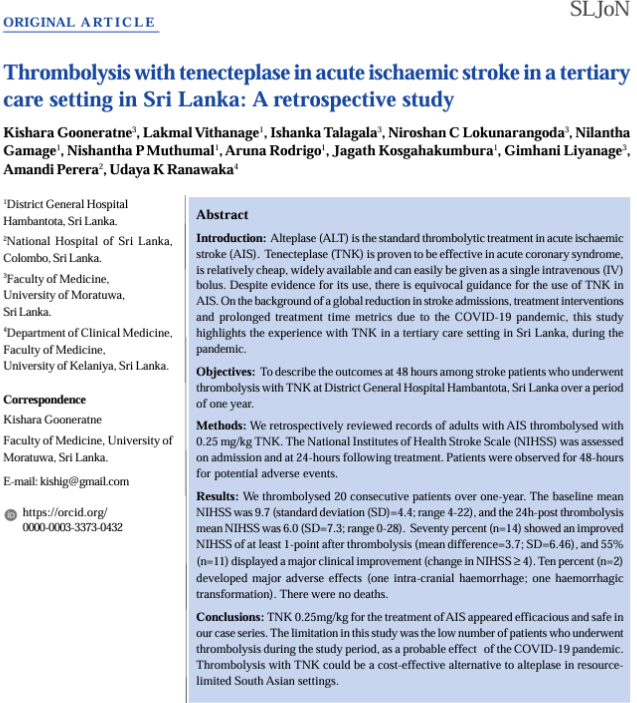SLJoN Research Article
Thrombolysis with tenecteplase in acute ischaemic stroke in a tertiary care setting in Sri Lanka: A retrospective study
sljon.sljol.info/articles/10.40… 
#Neurology #SriLanka #Stroke #Thrombolysis
<a href="/WorldStrokeOrg/">World Stroke Org</a> <a href="/wfneurology/">World Federation of Neurology (WFN)</a>