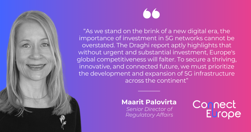 connecteuropex's tweet photo. "The #Draghi report highlights that Europe's global competitiveness will falter without urgent investment. To secure an innovative &amp; connected future, we must prioritize expansion of #5G infrastructure across the continent" said Maarit Palovirta at the #5GSC Investment Summit.