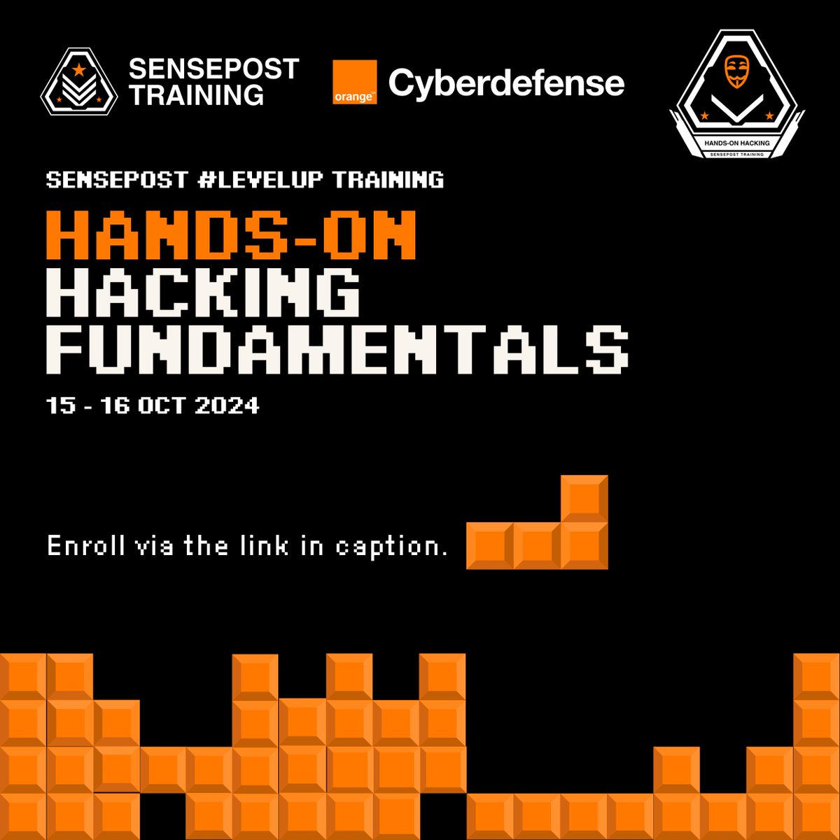 Join us virtually for the SensePost #LevelUp Training to take this course, exploring cybersecurity fundamentals and tapping into the hacker mindset. 

Stack up your hacking skills! Enrol: ow.ly/tvB950Tt4qB 

#SensePost #Cybersecurity