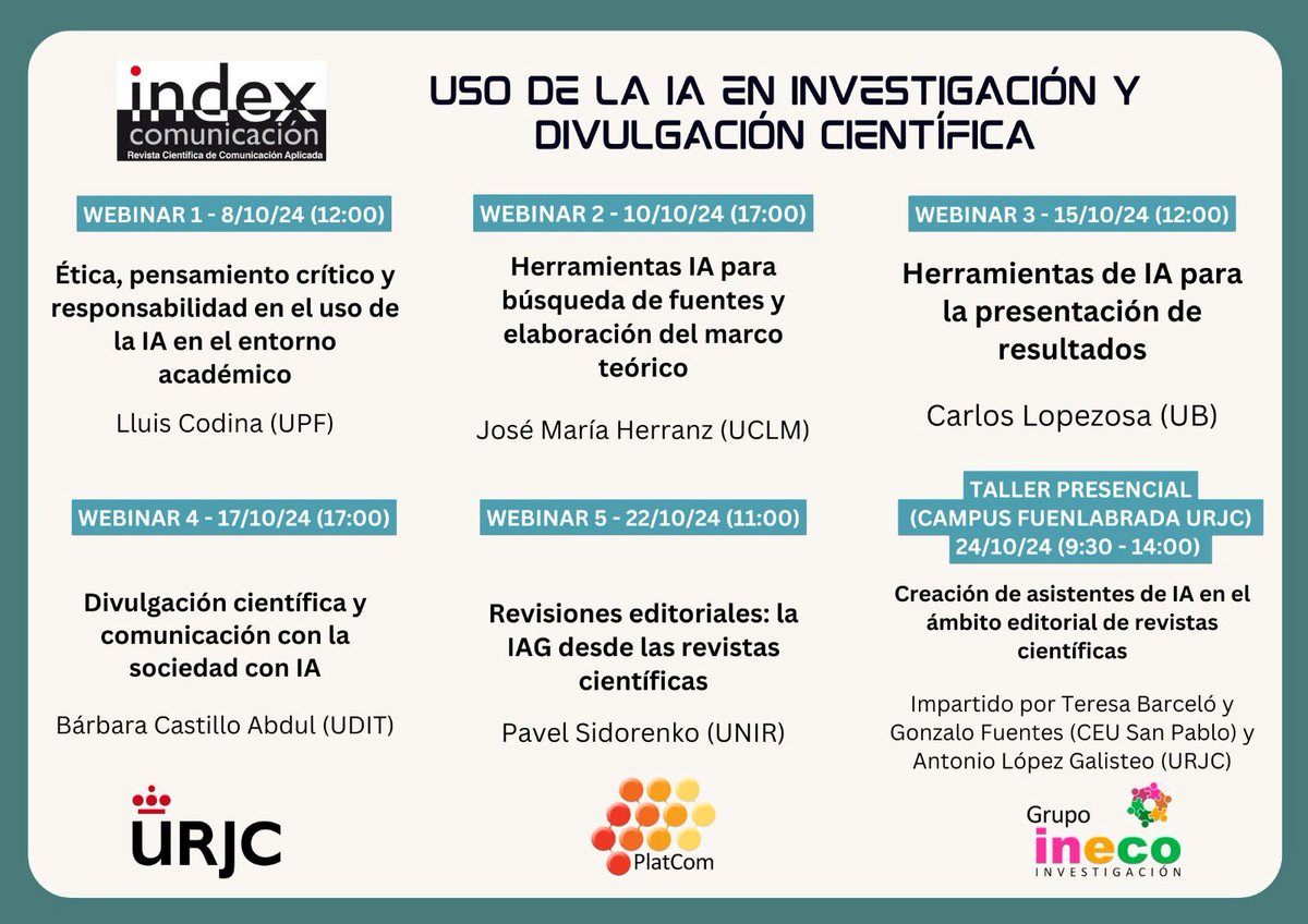 Aurora Forteza Martínez (@aurora_f_m) on Twitter photo Webinars sobre IA, investigación y divulgación científica, organizadas por la <a href="/urjc/">URJC</a>
<a href="/URJCcientifica/">URJCcientifica</a> <a href="/IndexComu/">Revista index.comunicación</a>
#investigación #divulgacióncientífica #InteligenciaArtificial #webinars Webinars sobre IA, investigación y divulgación científica, organizadas por la <a href="/urjc/">URJC</a>
<a href="/URJCcientifica/">URJCcientifica</a> <a href="/IndexComu/">Revista index.comunicación</a>
#investigación #divulgacióncientífica #InteligenciaArtificial #webinars