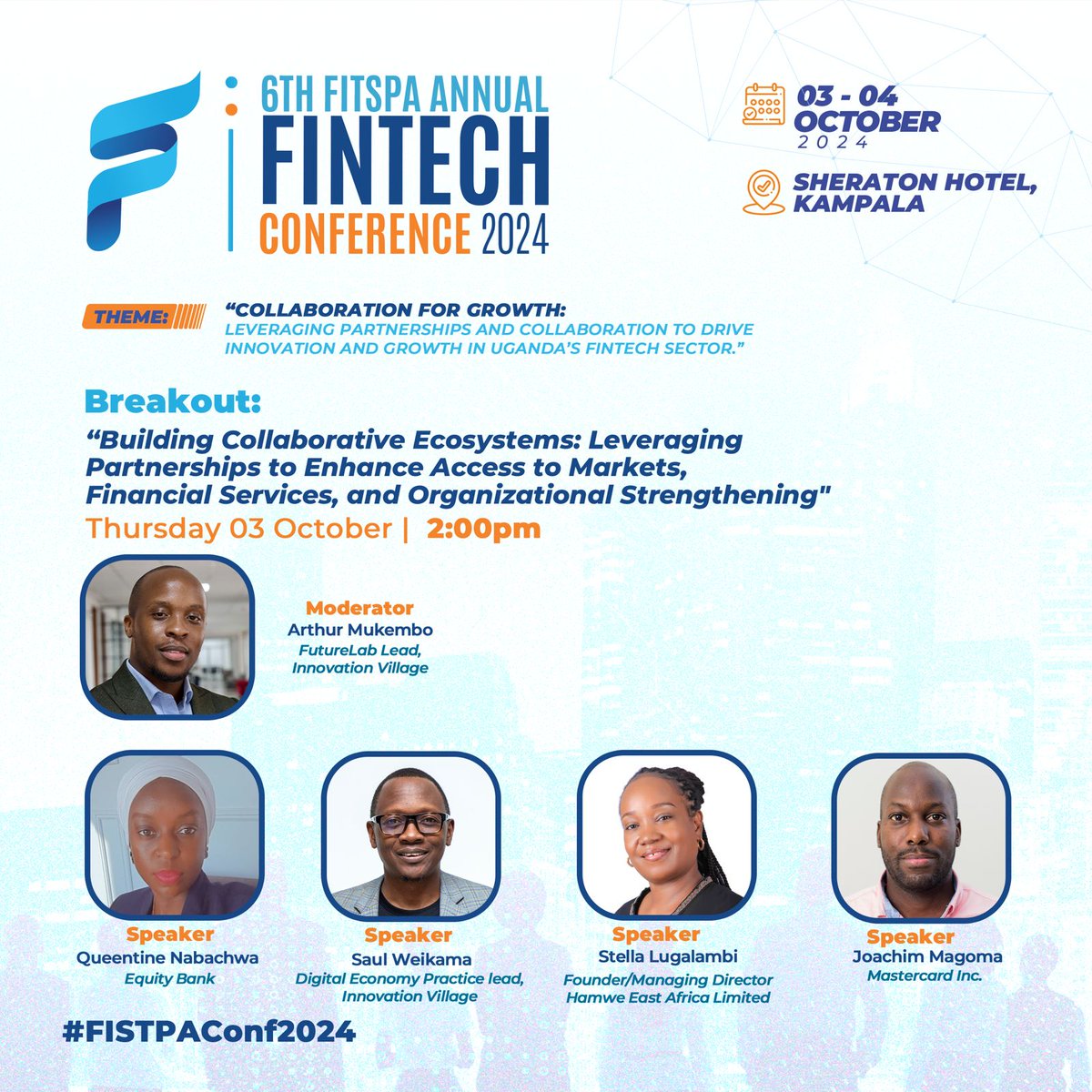 FITSPA Uganda (@fitspaug) on Twitter photo Panel: Building Collaborative Ecosystems at #FITSPAConf2024!
Hear from top leaders on how partnerships drive growth & market access.
Speakers: Queentine Nabachwa, Sual Weikama, <a href="/LugalambiN/">Stella N Lugalambi</a>, Joachim Magoma
Register Now via bit.ly/FAFCTickets
#FAFC2024 Panel: Building Collaborative Ecosystems at #FITSPAConf2024!
Hear from top leaders on how partnerships drive growth & market access.
Speakers: Queentine Nabachwa, Sual Weikama, <a href="/LugalambiN/">Stella N Lugalambi</a>, Joachim Magoma
Register Now via bit.ly/FAFCTickets
#FAFC2024