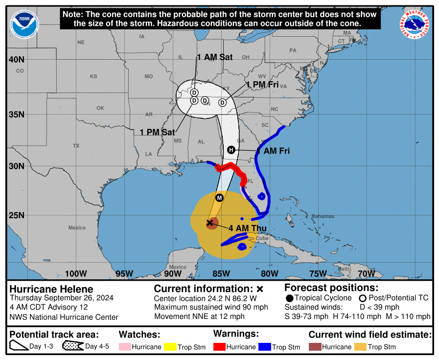 Potentially catastrophic hurricane-force winds are expected when Helene makes landfall in the Florida Big Bend region later today
-Preparations to protect life &amp; property should be completed this morning before tropical storm conditions arrive #HELENE