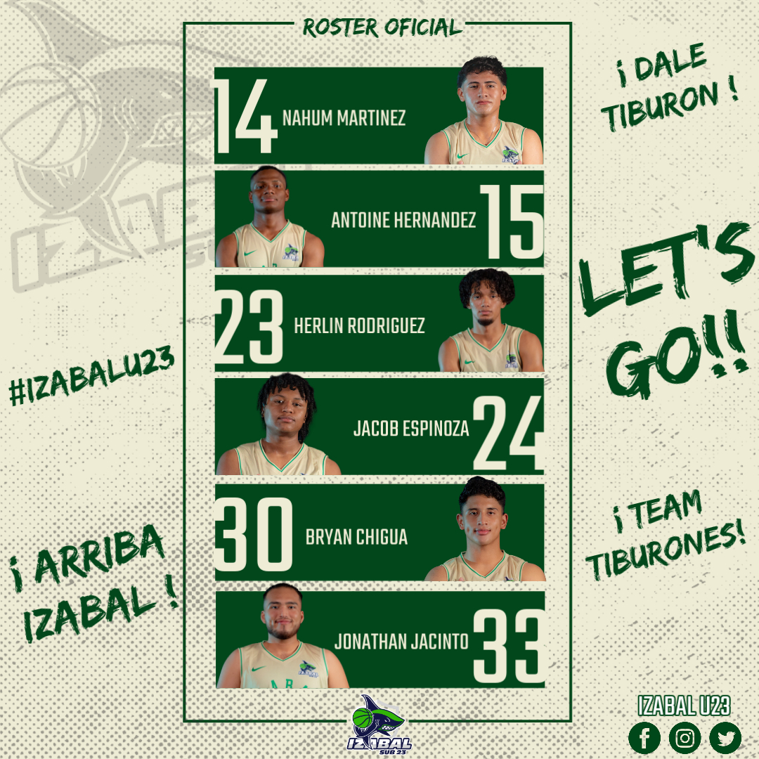 Izabalu23's tweet photo. 🚨ROSTER OFICIAL🚨

#FinalFour2024 | El Coach @Dennixito presenta el listado de los 12 seleccionados que representaran a IZABAL🦈 en el próximo torneo FINAL FOUR NACIONAL U23 2024🏀, les deseamos muchos éxitos y a poner el nombre de IZABAL EN ALTO🗣️
#vamosizabal #TeamTiburones https://t.co/rtXA07JrzE
