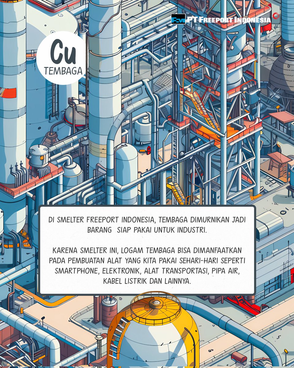 IDFreeport's tweet photo. Di smelter Freeport Indonesia, tembaga dimurnikan jadi barang siap pakai untuk industri. Karena smelter ini, logam tembaga bisa dimanfaatkan pada pembuatan alat-alat yang kita gunakan sehari-hari, Freeporters!
#FreeportIndonesia #TambangHuluHilir #ForemostInCopper https://t.co/u3dz4pKx6K