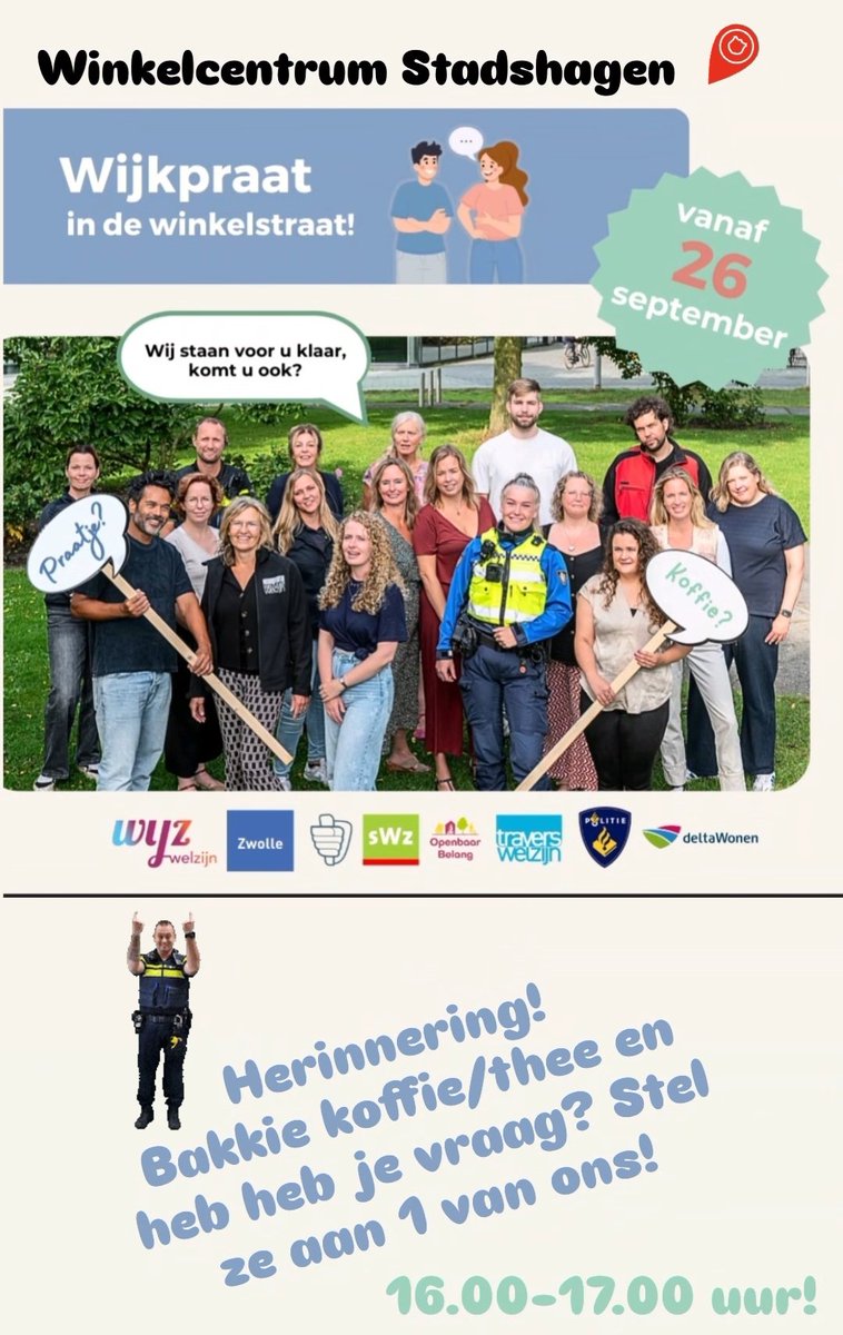 #Wijkpraatindewinkelstraat 16.00 uur. #Stadshagen. (Bewoners uit #Westenholte uiteraard ook welkom!
<a href="/stadshagennws/">StadshagenNieuws.nl</a>