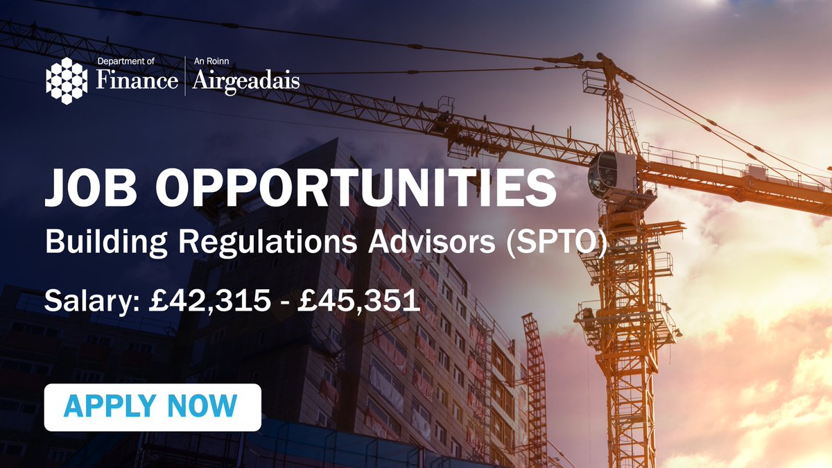 We are recruiting for Building Regulations Advisors (SPTO) to help develop policy, legislation and technical guidance on a range of areas, including fire safety and energy efficiency of buildings.

Posts are currently based in Belfast city centre.

Apply