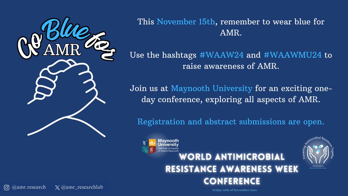 AMR Research (@amr_researchlab) on Twitter photo The <a href="/amr_researchlab/">AMR Research</a> are going BLUE for #AMR on November 15. Join us at <a href="/MaynoothUni/">Maynooth University</a> for our annual World Antimicrobial Resistance Awareness Week (WAAW) conference. For registration and submission details, please see attached link.
maynoothuniversity.ie/news-events/wo… The <a href="/amr_researchlab/">AMR Research</a> are going BLUE for #AMR on November 15. Join us at <a href="/MaynoothUni/">Maynooth University</a> for our annual World Antimicrobial Resistance Awareness Week (WAAW) conference. For registration and submission details, please see attached link.
maynoothuniversity.ie/news-events/wo…