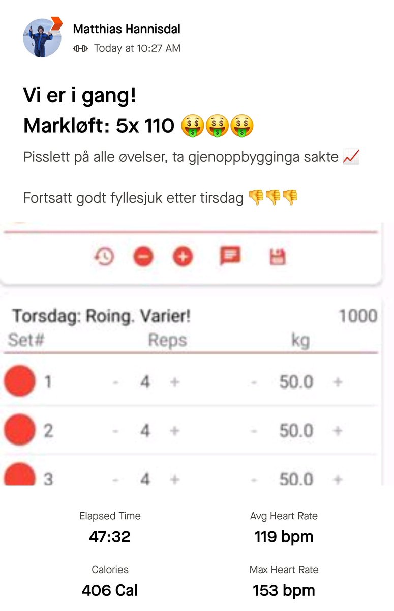 Et_smartere_liv's tweet photo. Markløft: 5x 110 🤑🤑🤑
I gang!
Få reps og pisslette vekter på alt. Men i gang 📈
Får dessuten dratt opp intensiteten noe med roooolige reps.
Så det kan være et lite #tips til andre som skal tilbake etter #skade.
#trening #styrke https://t.co/UDlStiaH0P