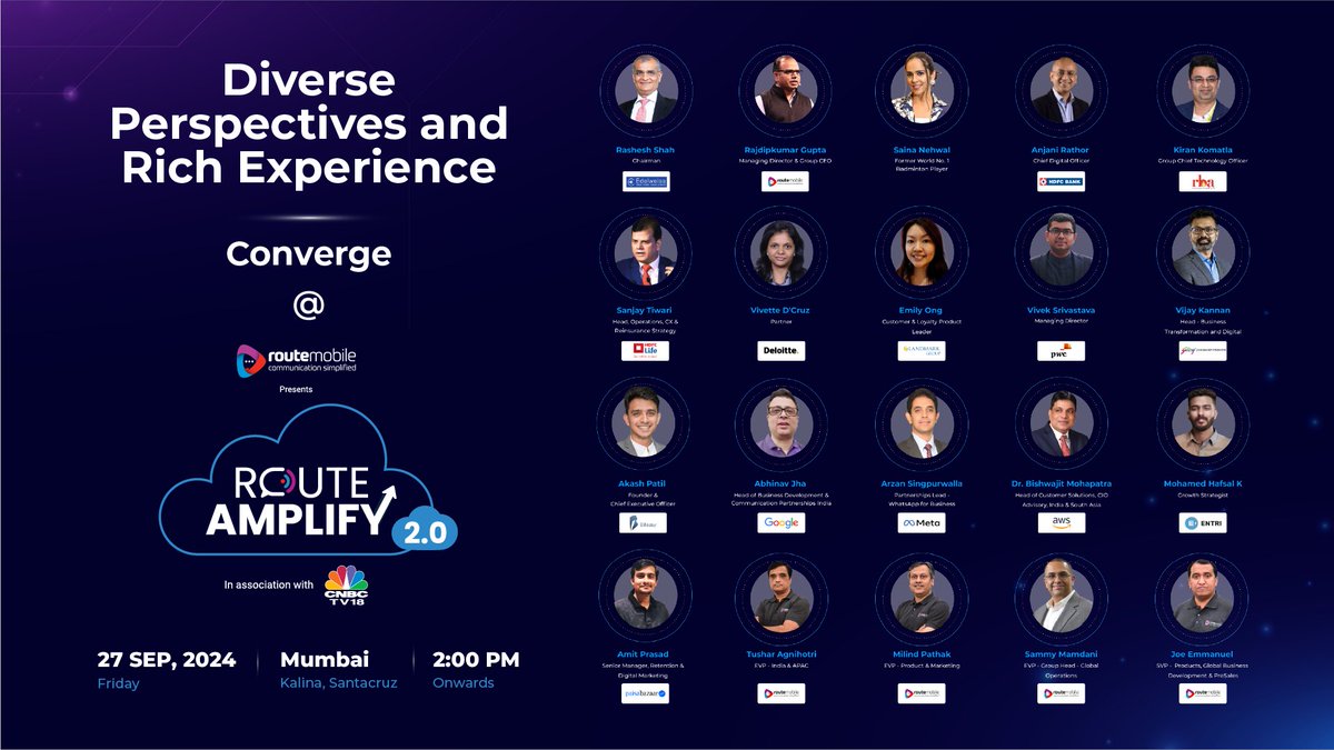 routemobile's tweet photo. Get ready to hear from industry leaders and visionaries at #RouteAmplify 2.0!
Join us as they share their insights on the future of communication, innovation, and #CustomerEngagement.
See you tomorrow!
#CPaaS #DigitalIdentity #ThoughtLeadership #RouteMobile @CNBCTV18News https://t.co/o3PpuTtDCK