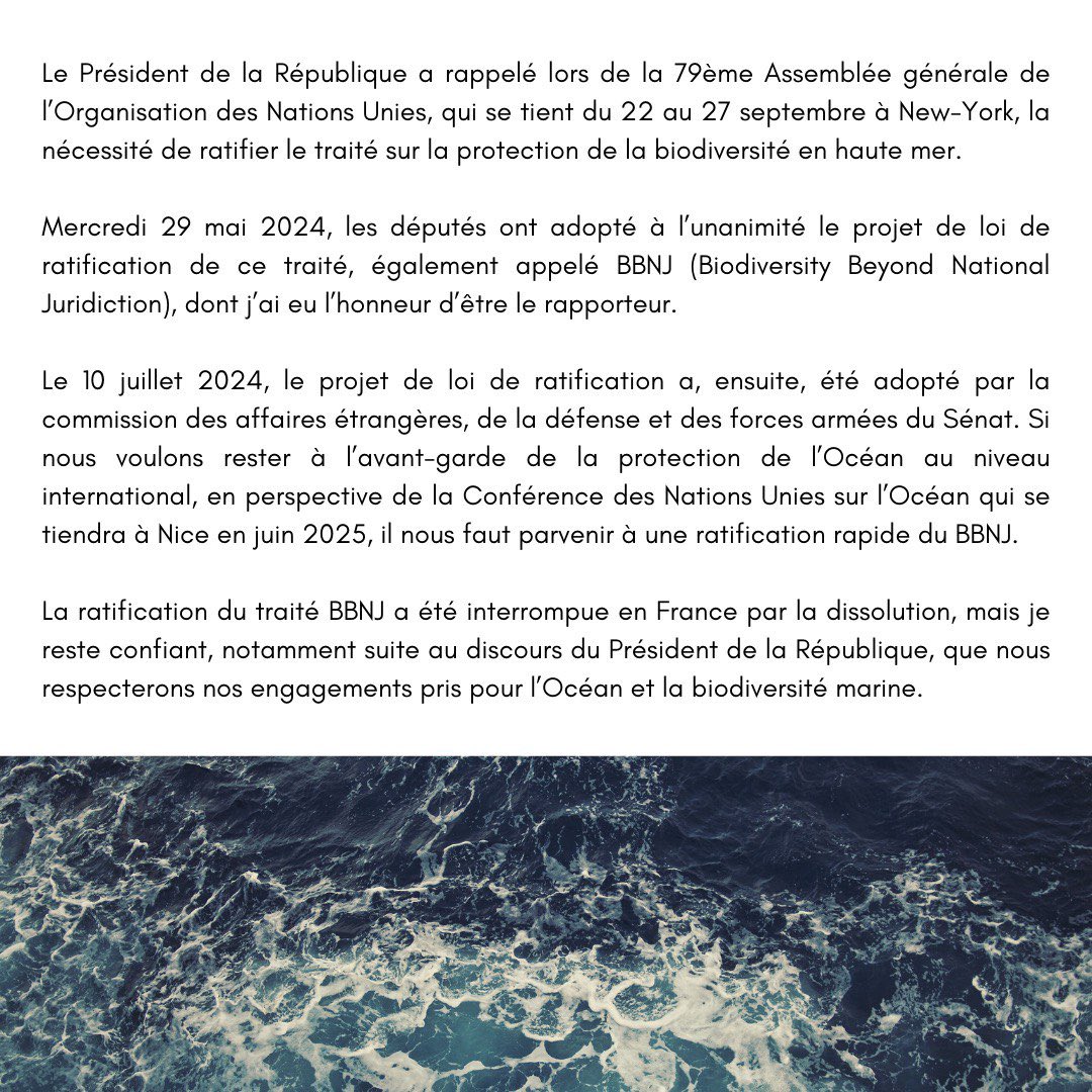 En perspective de la Conférence des Nations Unies sur l’Océan qui se tiendra à Nice en juin 2025, il nous faut parvenir à une ratification rapide du #BBNJ !