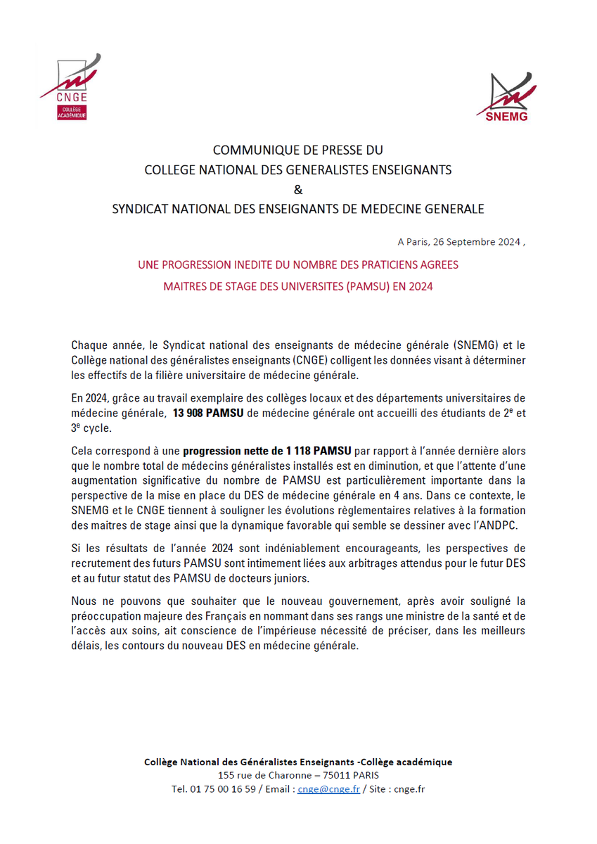 CNGE_France's tweet photo. Communiqué de presse du @CNGE_France "Une progression inédite du nombre de praticiens agréés maîtres de stage des universités (#PAMSU) en 2024"

@Sante_Gouv @sup_recherche @MichelBarnier @ISNARIMG 

https://t.co/FfShUVgyox  1/ https://t.co/Ry6RaGslaV