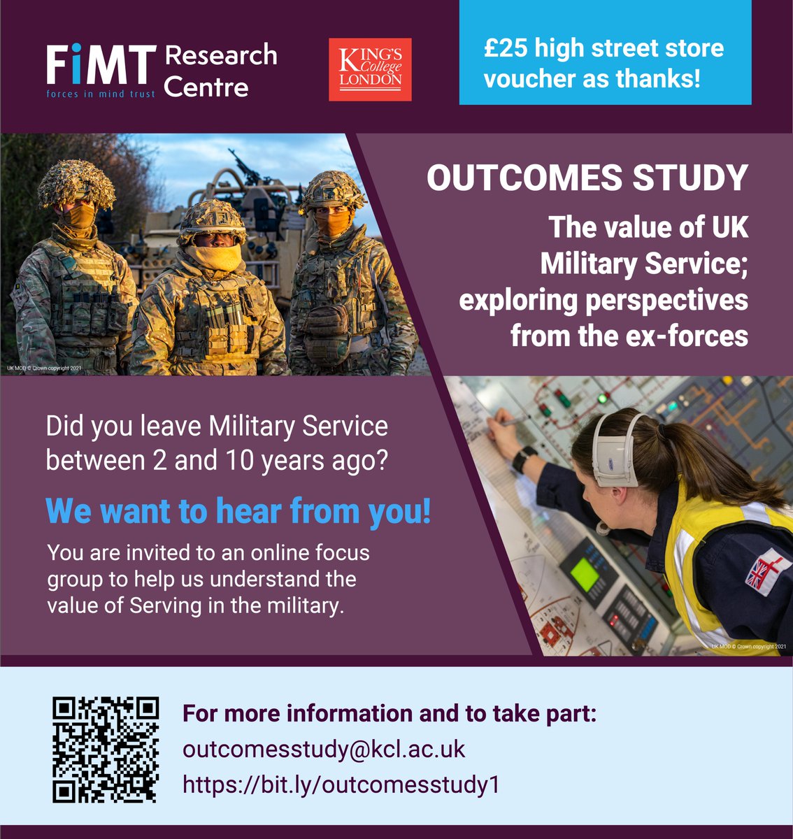 Participants needed‼️
Did you leave the UK military between 2-10 years ago? Take part in our #research exploring the value of #MilitaryService on post-Service life. Head here to share your experiences with us-bit.ly/outcomesstudy1  or/and please share widely.