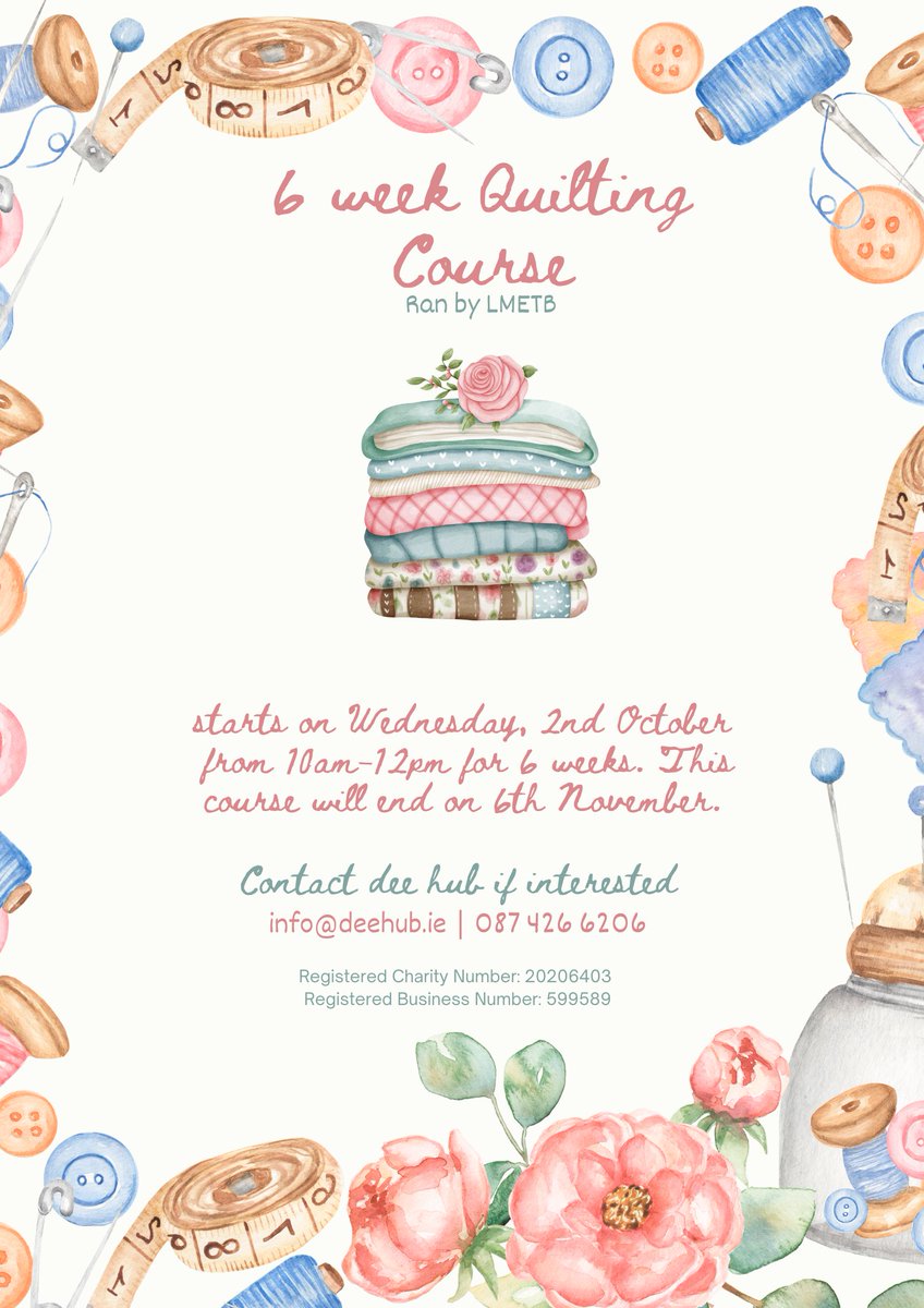 DeeHubArdee's tweet photo. The course starts on Wednesday, 2nd October, running from 10am-12pm for 6 weeks, and will end on 6th November.

We have 3 spaces available, Sign up today and secure your spot!

to Sign Up please contact dee hub at info@deehub.ie or call on 087 426 6206. https://t.co/0TMj9RK3Rm