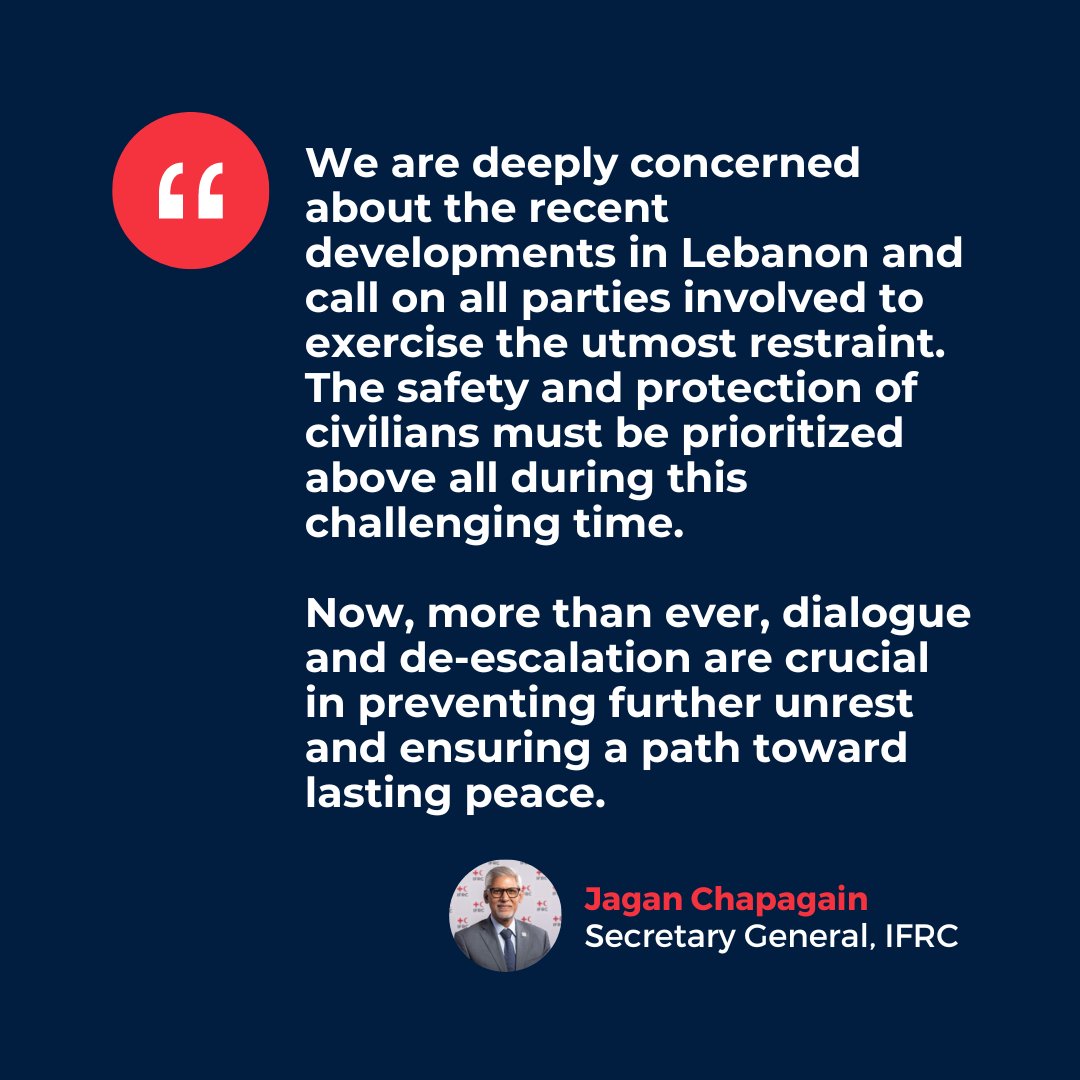 "Now, more than ever, dialogue and de-escalation are crucial in preventing further unrest and ensuring a path toward lasting peace." — @IFRC Secretary General, <a href="/jagan_chapagain/">Jagan Chapagain</a>.