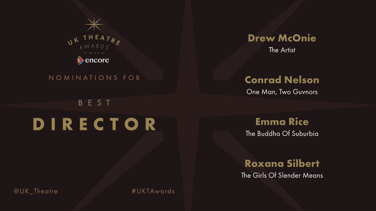 The nominees for Best Director are:

Drew McOnie for The Artist 

Conrad Nelson for One Man, Two Guvnors 

Emma Rice for The Buddha Of Suburbia 

Roxana Silbert for The Girls Of Slender Means 

#UKTAwards