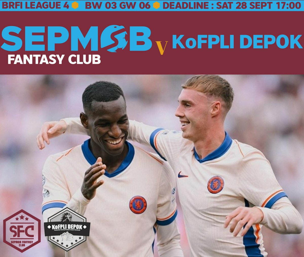 Sepmob FC (@sepmobfc) on Twitter photo BRFI League 4 - Battleweek 2 โ ๏ธ
๐<a href="/Kofpli_Depok/">KoFPLI Depok</a>
๐
Saturday, September 28, 2024 - Gameweek 6
โฑ๏ธ Kick-off: 17.00 WIB
โถ๏ธ Live Dashboard BRFI
#League4BRFI #BW3 #UpTheMobs BRFI League 4 - Battleweek 2 โ ๏ธ
๐<a href="/Kofpli_Depok/">KoFPLI Depok</a>
๐
Saturday, September 28, 2024 - Gameweek 6
โฑ๏ธ Kick-off: 17.00 WIB
โถ๏ธ Live Dashboard BRFI
#League4BRFI #BW3 #UpTheMobs