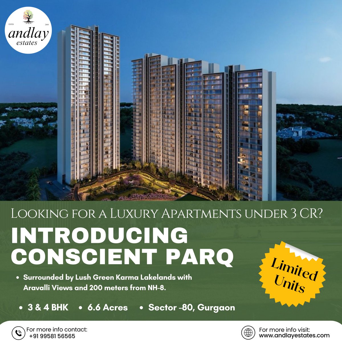 VistriaCapital's tweet image. Looking for a #LuxuryApartments under 3 CR? 

Introducing #ConscientPARQ
Location:  200 meters from NH-8, in Sector -80, #Gurgaon 
Land Area: 6.6 Acres
Configuration: 3 &amp;amp; 4 Bedroom with VRV AC / Modular Kitchen. Surrounded by Lush Green Karma Lakelands with Aravalli Views.