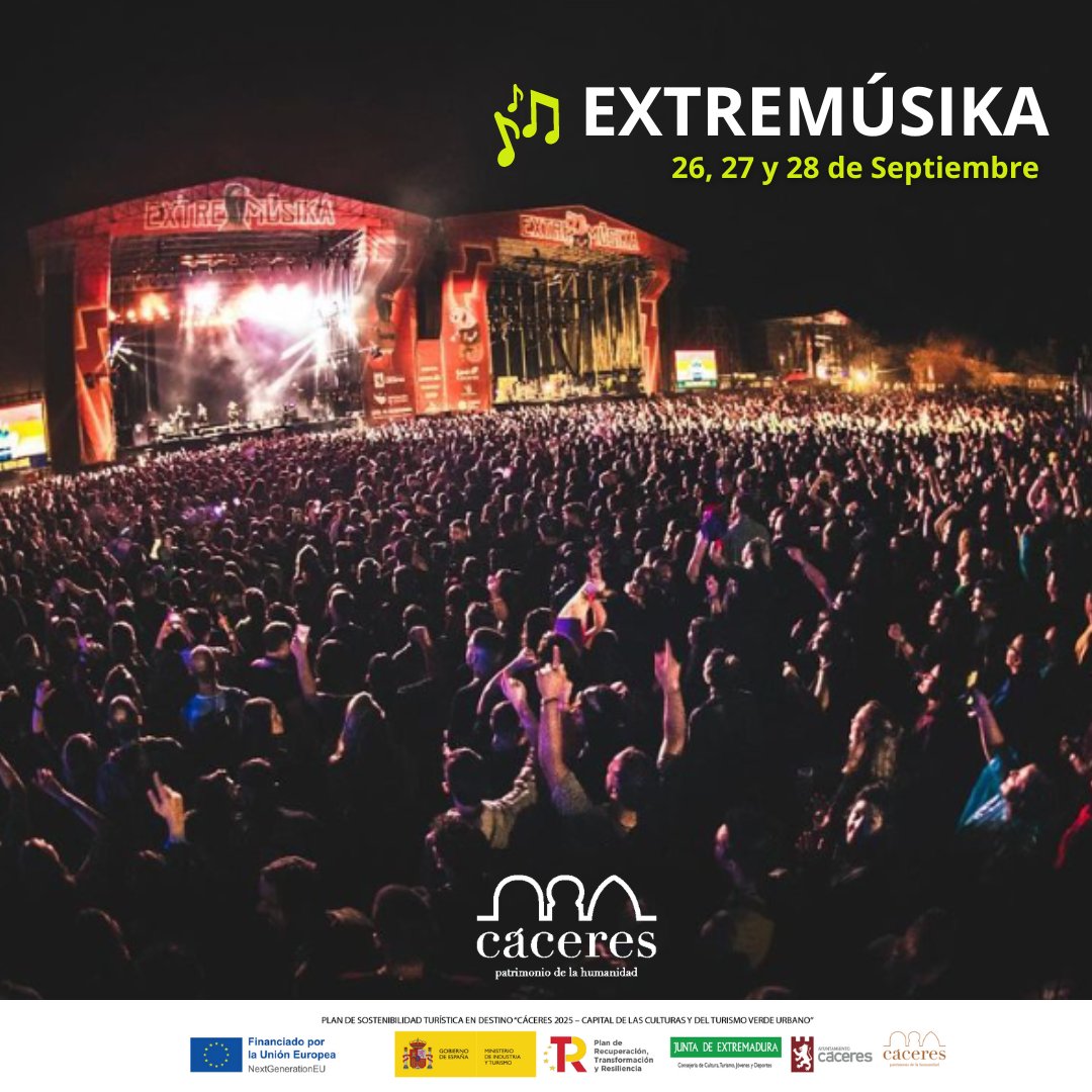 Visit_Caceres's tweet photo. ¡Guarda las fechas! 📅 El 26, 27 y 28 de septiembre llega @extremusikaF a Cáceres 🎶 Con artistas como Maka, Cano, Rels B, Rulo y la Contrabanda y Saiko.

📍 Recinto Hípico de Cáceres

¿Listo para disfrutar de la mejor música?💃 Compra tus entradas aquí https://t.co/pKAsmtnqeC https://t.co/flwi83LQiE