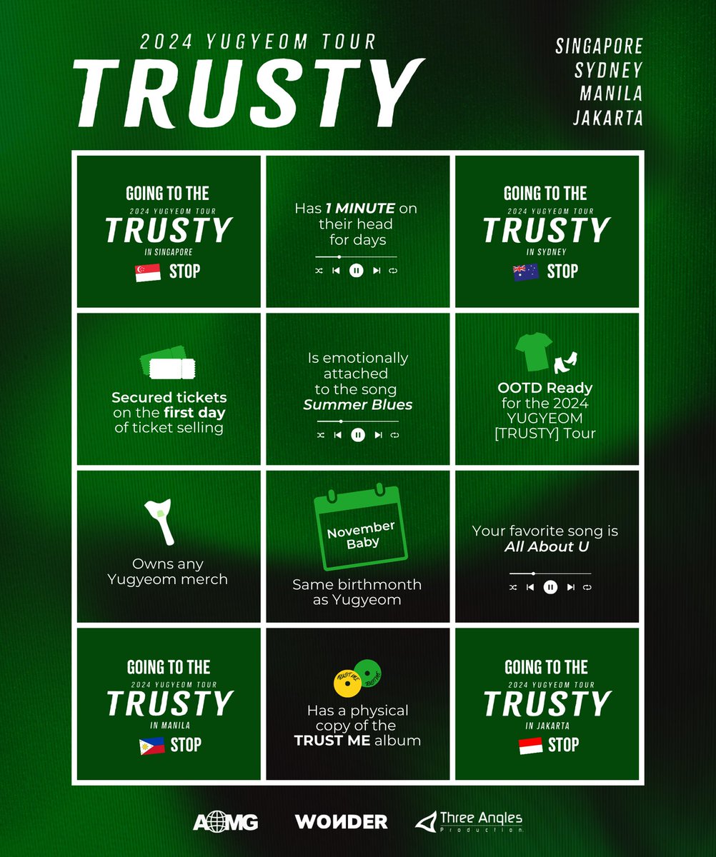 📣 Ahgases, get ready to shout BINGO! ✏️ Cross out the TRUSTY BINGO card with all the things you’ve done for YUGYEOM and share us how many you’ve got! 🐥💚 

Tag your fellow Ahgase friends! and don’t forget to use the hashtags 💚 Got it? GOT IT!

#유겸 #YUGYEOM
#2024YUGYEOMTOUR