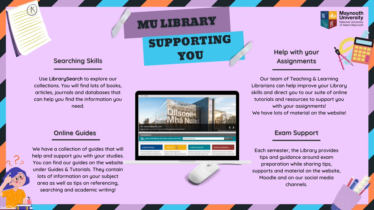 library_MU's tweet image. MU Library offers students support &amp;amp; help with their research skills, accessing learning resources, 7 finding information for your assignments! #WelcomeWeek