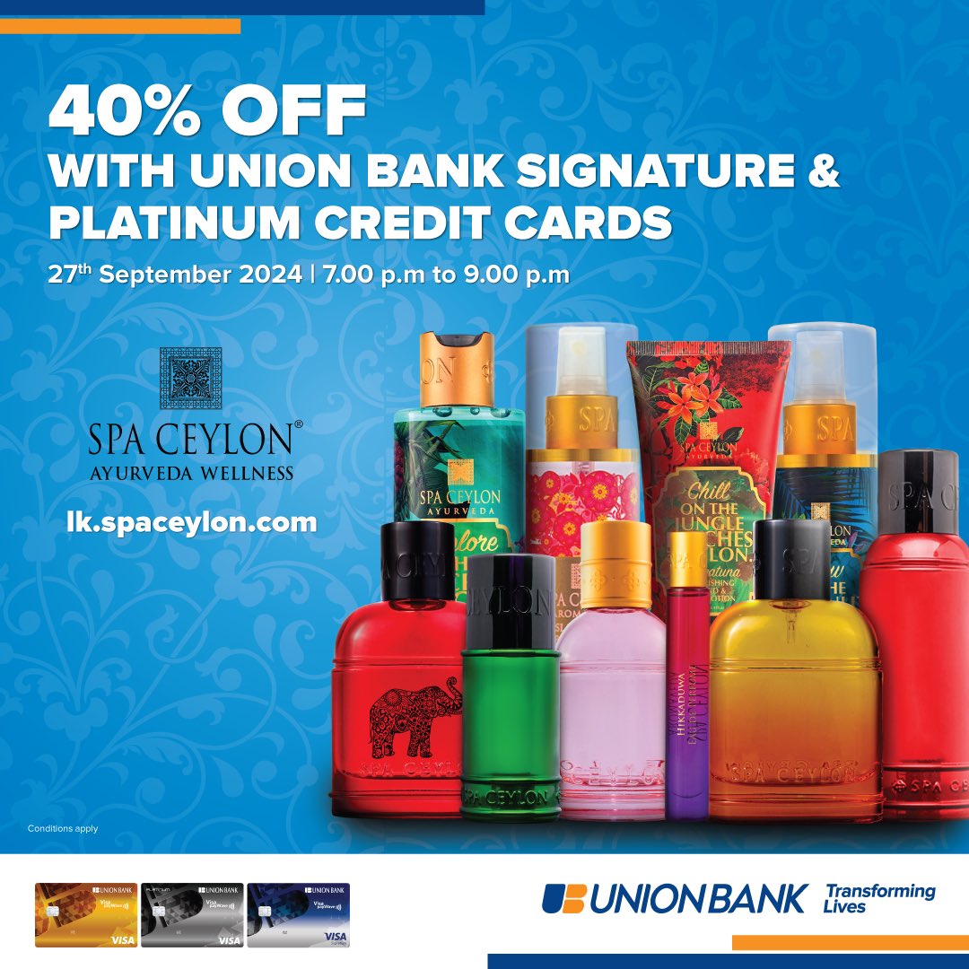 UnionBankSL's tweet image. Exclusive 2-Hour Flash Sale for Union Bank Credit Cardholders! 

Get 40% OFF on all Spa Ceylon products with Union Bank Signature or Platinum Credit Cards, on 27th September, between 7 PM - 9PM. 
Click here for more info: bit.ly/4euDPMg

#UnionBankofColomboPlc #SpaCeylon