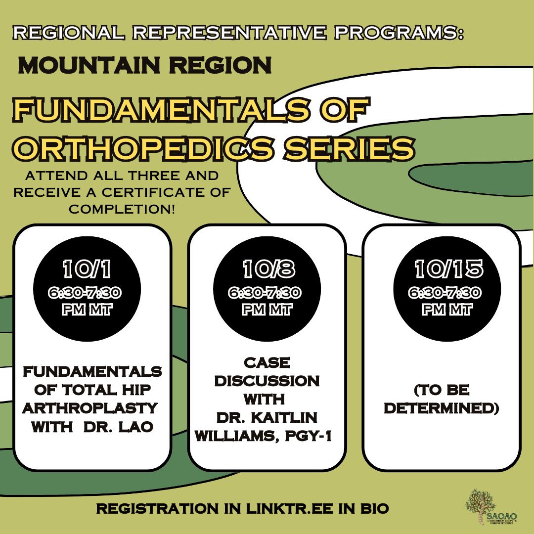 StudentAOAO's tweet photo. Our Mountain region presents the Fundamentals of Orthopedics Series, a three-part virtual event to help you gain a better idea of some basic cases in orthopedics! The link to register is also in our bio https://t.co/BPpqXgkdle https://t.co/0YMVA8nlC2