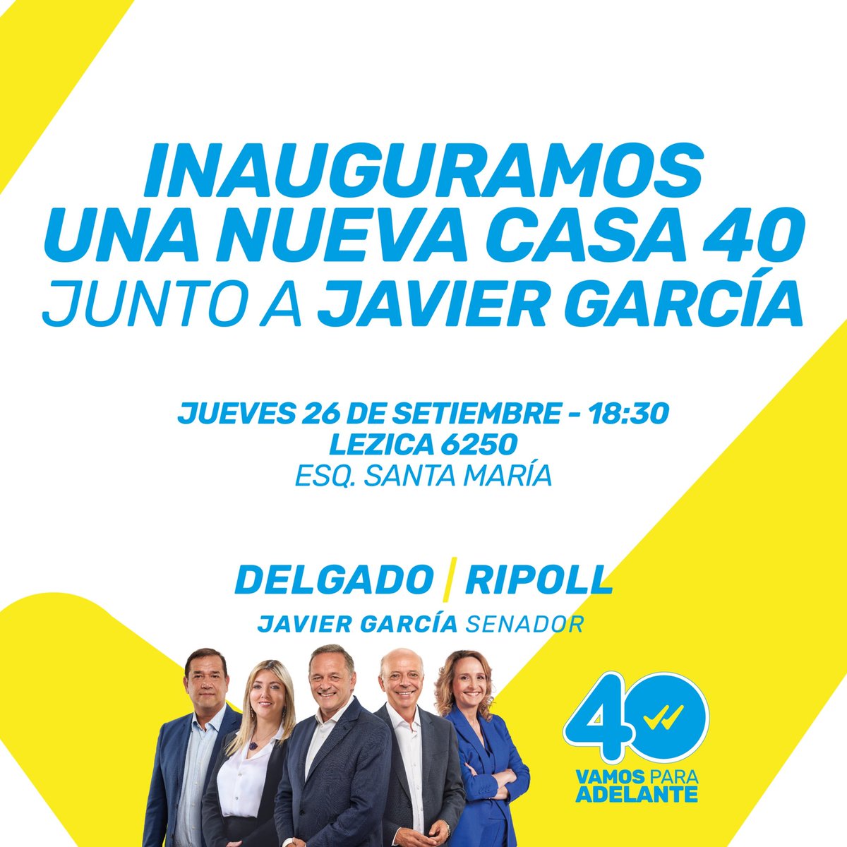 faguerre75's tweet photo. [ HOY ]

A 31 días de la elección el @ESPACIOCUARENTA inaugura una nueva #Casa40 en Lezica con la presencia del Senador @JavierGarcia_Uy .
Te esperamos en Lezica y Santa María a las 18:30 hs.

#VamosParaAdelante https://t.co/BzOgtyIA2T