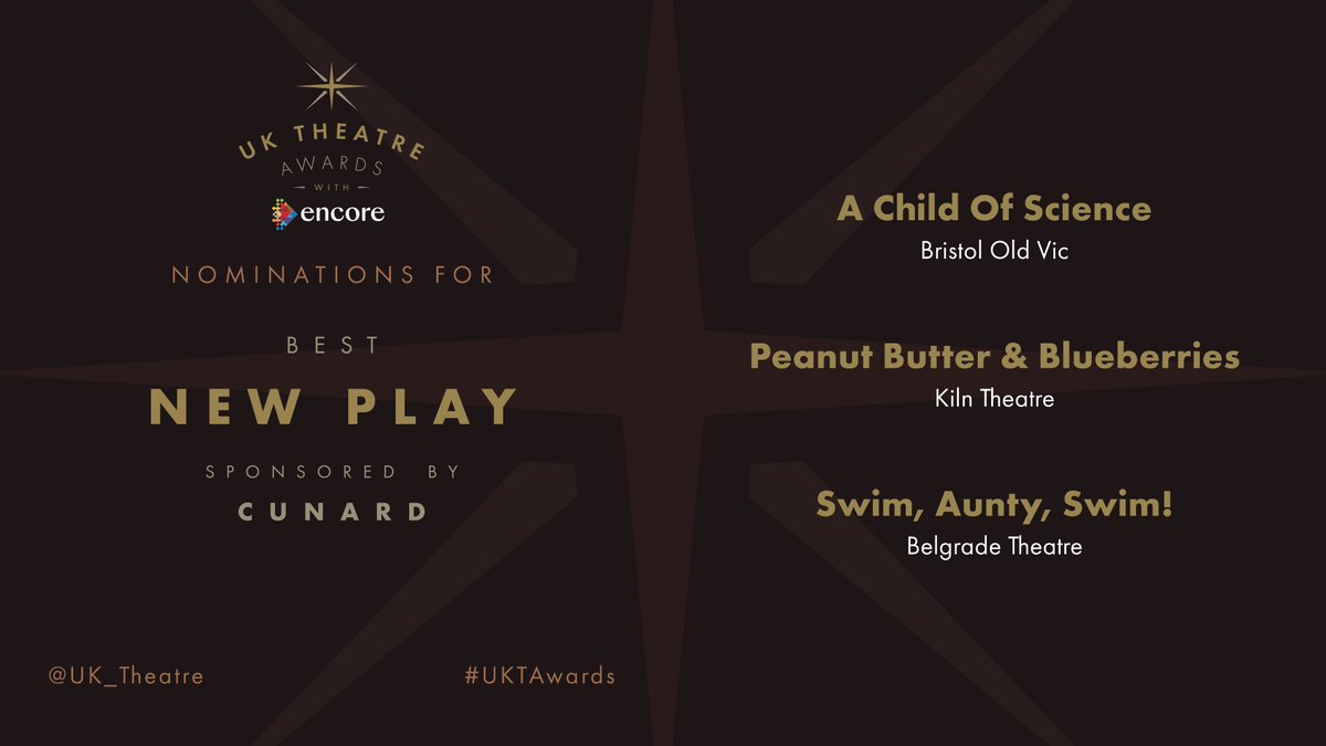 The nominees for Best New Play sponsored by Cunard are:

A Child Of Science at Bristol Old Vic 

Peanut Butter &amp; Blueberries at Kiln Theatre 

Swim, Aunty, Swim! at Belgrade Theatre 

#UKTAwards