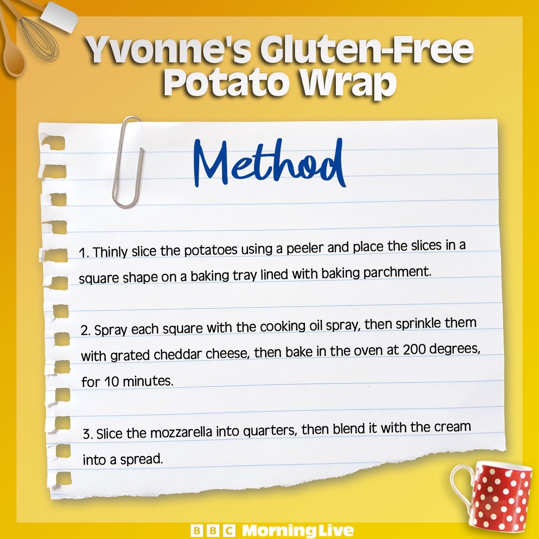 BBCMorningLive's tweet photo. Here’s @YvonneCobbYumma’s potato wrap recipe, gluten-free and costs just 50p!
Give it a go!
#GlutenFree #GlutenFreeRecipe https://t.co/vXy9iV2SWT