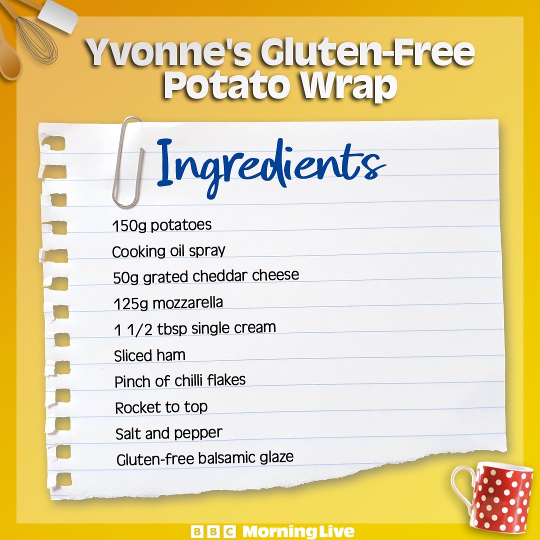 BBCMorningLive's tweet photo. Here’s @YvonneCobbYumma’s potato wrap recipe, gluten-free and costs just 50p!
Give it a go!
#GlutenFree #GlutenFreeRecipe https://t.co/vXy9iV2SWT