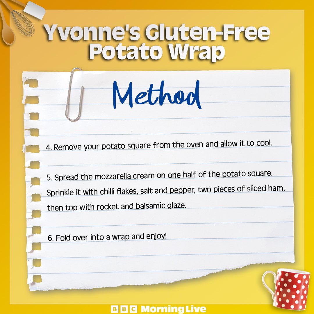 BBCMorningLive's tweet photo. Here’s @YvonneCobbYumma’s potato wrap recipe, gluten-free and costs just 50p!
Give it a go!
#GlutenFree #GlutenFreeRecipe https://t.co/vXy9iV2SWT