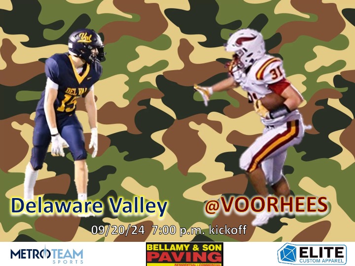 I will be at Voorhees HS Friday night for a 7pm kickoff as <a href="/VoorheesVikesFB/">Voorhees Vikings Football</a> hosts Delaware  Valley <a href="/delvalfootball/">Del Val Football</a> in a BCC Patriot Gold match-up. Follow me for live updates 🎥 📸 and post game interviews with the winning coach and players <a href="/CJSportsRadio/">Central Jersey Sports Radio</a>