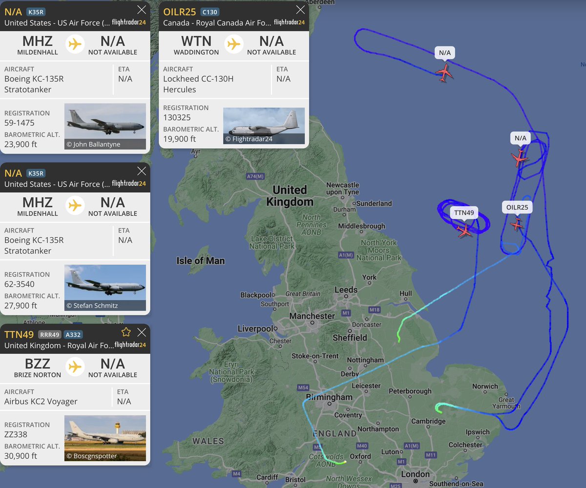 alternativewip's tweet photo. #USAF #RAF #RCAF 2x KC-135R stratotanker / KC2 voyager / CC-130H hercules tankers seen on the flight radar operating over to the north sea off the east coast of the uk, departures from mildenhall, brize norton and waddington. #TTN49 #OILR25 #AE04C4 #AE0669 #43C6FB #C2AF27 https://t.co/w8xCaUkZJh