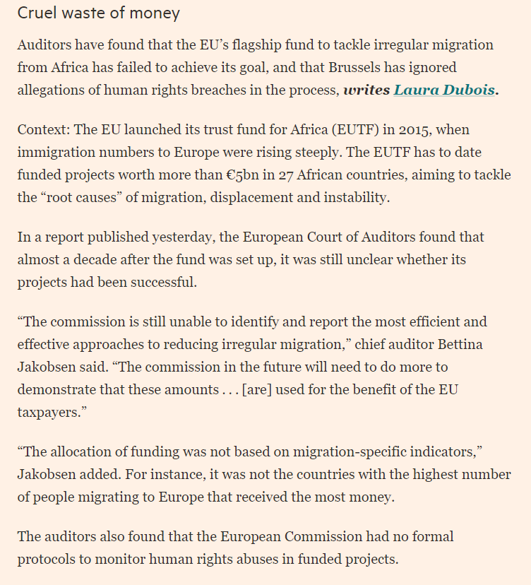 AmnestyEU's tweet photo. NEW: Damning @EUauditors report on EU Trust Fund for Africa migration funding.

"EU is failing in its basic task to ensure taxpayers' money [..] is not used to facilitate torture &amp; other abuses by unaccountable security forces," says @OliviaSundberg1 

🗞️@lauramdubois via @FT https://t.co/cwt0p7DmZO