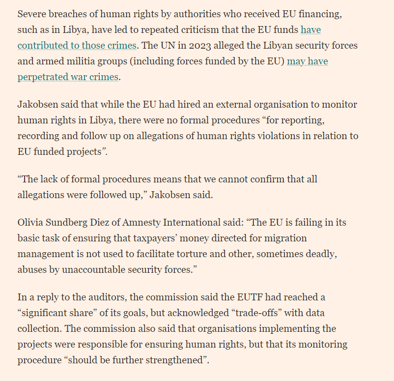 AmnestyEU's tweet photo. NEW: Damning @EUauditors report on EU Trust Fund for Africa migration funding.

"EU is failing in its basic task to ensure taxpayers' money [..] is not used to facilitate torture &amp; other abuses by unaccountable security forces," says @OliviaSundberg1 

🗞️@lauramdubois via @FT https://t.co/cwt0p7DmZO
