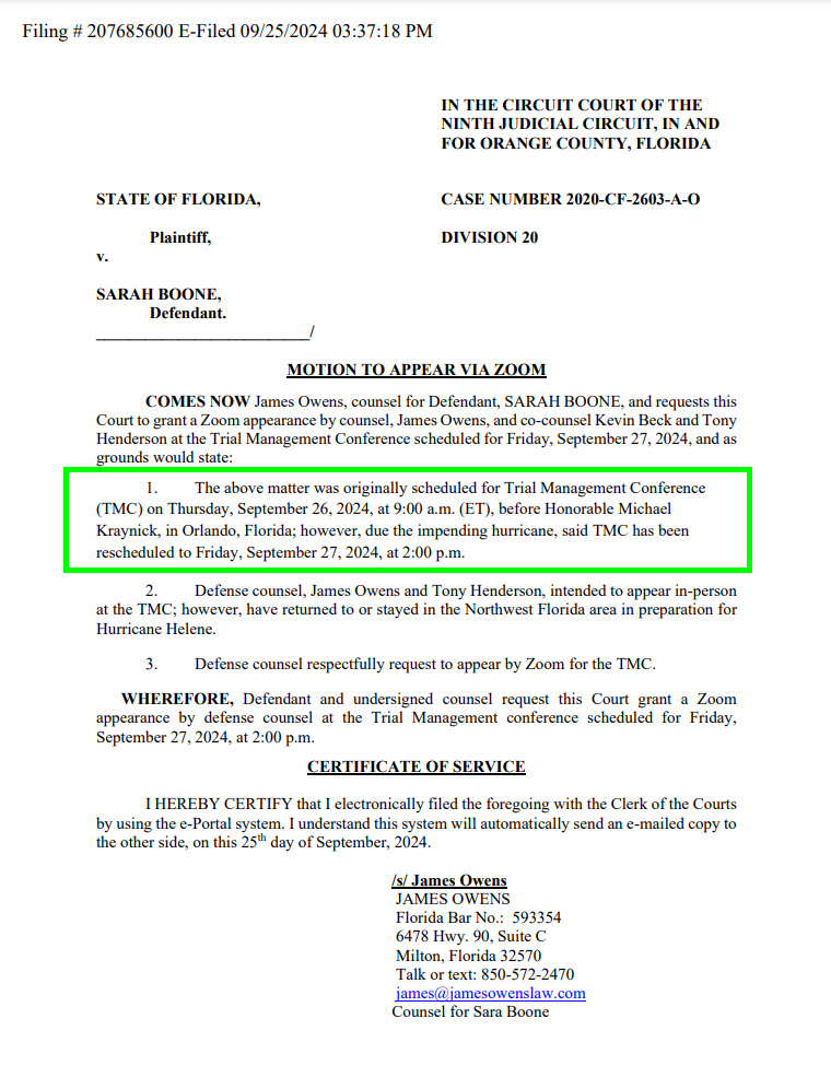 MattBlacInc's tweet image. 1/3 | STATE OF #FLORIDA v. Sarah Boone        
Case: 48-2020-CF-2603-A-O  #SARAHBOONE 

MOTION TO APPEAR VIA ZOOM / #RESCHEDULED - 
TRIAL MANAGEMENT CONFERENCE | Friday Sept. 2⃣7⃣th 2⃣0⃣2⃣4⃣at 2⃣pm EDT
 📍#OrangeCounty FL 🇺🇸