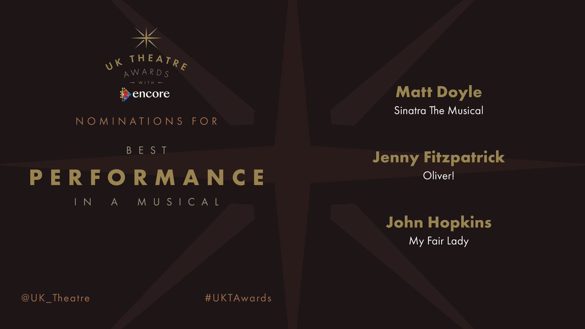 The nominees for Best Performance in a Musical are:

Matt Doyle for Sinatra The Musical 

Jenny Fitzpatrick for Oliver! 

John Hopkins for My Fair Lady 

#UKTAwards