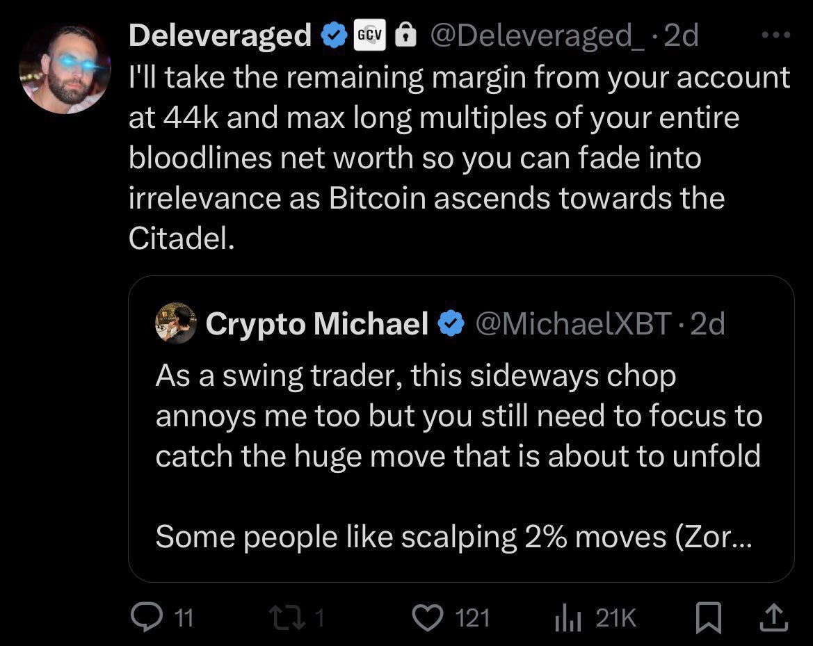 Zoran Kole claimed Bitcoin would dump to 44k and I would get rekt Today he  deleted his account after getting rekt ALL MY DOUBTERS END UP LIQUIDATED  Doubt me at your own