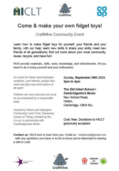 CampbellNaomh's tweet photo. #Histon & #Impington residents, friends, family & those who work, play & visit! A date for your diary this weekend! Previous @coopuk #LocalCause H&I Community Land Trust are inviting you to make your own fidget toys at this FREE community event! https://t.co/d0N8meQ93m ๐๐ซง๐๐
๐ฅ https://t.co/lOCpRGwYmU