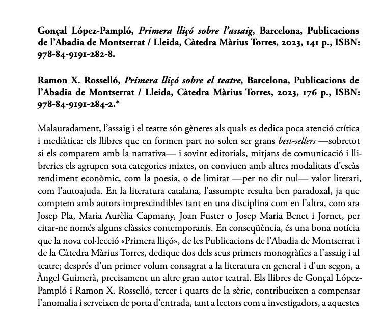 Xavi (@xavihernandezi) on Twitter photo En el nou número de Caplletra publique una ressenya sobre dos llibres imprescindibles de <a href="/PublAMontserrat/">Publicacions de l'Abadia de Montserrat</a>
Les magnífiques primeres lliçons de <a href="/gpamplo/">Gonçal López-Pampló</a> i Ramon X. Rosselló sobre l'assaig i el teatre.
<a href="/Institut_IIFV/">IIFV</a> En el nou número de Caplletra publique una ressenya sobre dos llibres imprescindibles de <a href="/PublAMontserrat/">Publicacions de l'Abadia de Montserrat</a>
Les magnífiques primeres lliçons de <a href="/gpamplo/">Gonçal López-Pampló</a> i Ramon X. Rosselló sobre l'assaig i el teatre.
<a href="/Institut_IIFV/">IIFV</a>