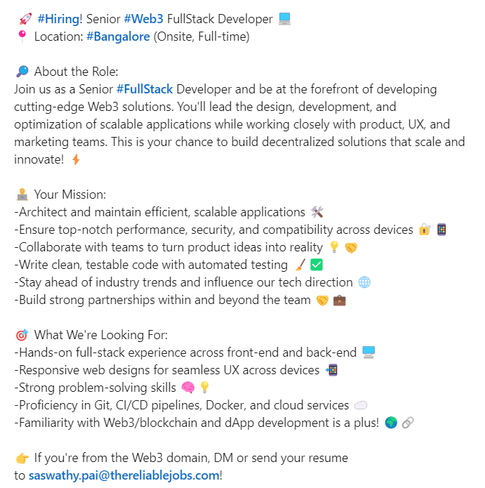 Saswathy_Pai98's tweet photo. @TheReliableJobs 

Hiring Senior #Web3 #FullStackDeveloper  for #Bangalore location, Onsite role

For more details, Dm or send resume to saswathy.pai@thereliablejobs.com

Join TRJ's group for more Web3 opportunities : https://t.co/1nLTfHdZ7I https://t.co/OIdRPjaFDG
