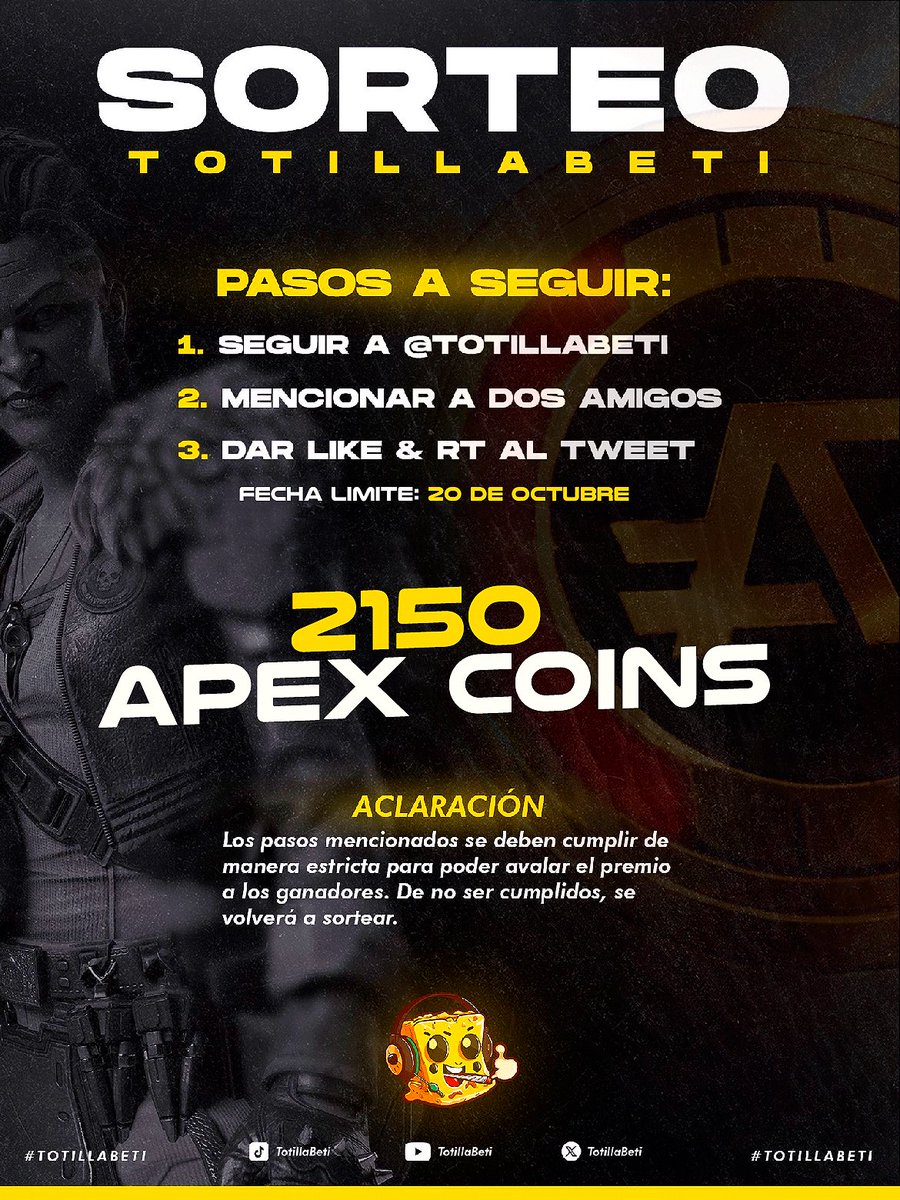 TotillaBeti (@totillabeti) on Twitter photo 🚨🚨SORTEO TOTILLABETI 🚨🚨
💰🤑 2150 apex coins
➡️ Síguenos en <a href="/TotillaBeti/">TotillaBeti</a>
✍️🫂 Menciona a DOS amigos
❤️🔁 LIKE + RT
📍🗓️Fecha límite: 20 de Octubre
#ApexLegends #Sorteo #ApexEspaña #ApexEspañol #apexcoins #tortilladepatatas 🚨🚨SORTEO TOTILLABETI 🚨🚨
💰🤑 2150 apex coins
➡️ Síguenos en <a href="/TotillaBeti/">TotillaBeti</a>
✍️🫂 Menciona a DOS amigos
❤️🔁 LIKE + RT
📍🗓️Fecha límite: 20 de Octubre
#ApexLegends #Sorteo #ApexEspaña #ApexEspañol #apexcoins #tortilladepatatas