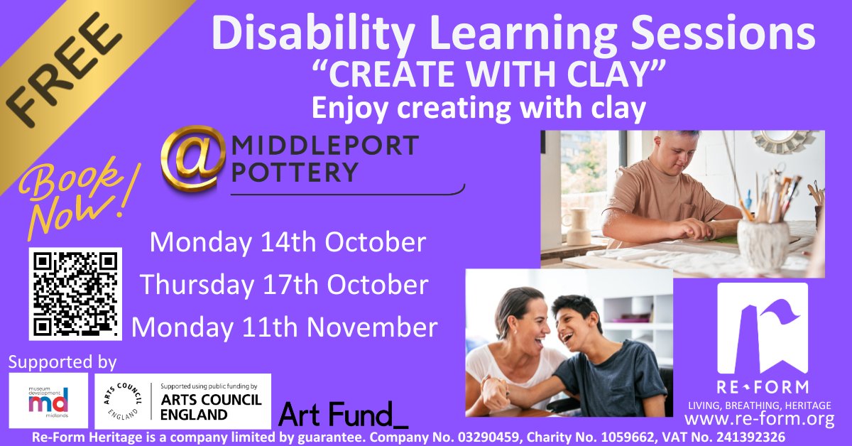 Middleport_Pot's tweet image. 14th &amp;amp; 17th OCTOBER &amp;amp; 11th NOVEMBER
CREATE WITH CLAY - Disability Learning Sessions
Time: 10.30am to 2.30pm
Tickets - FREE
Thanks to funding from our partners, Museum Development Midlands, Art Fund and Arts Council England we are able to offer free creative learning sessions for…