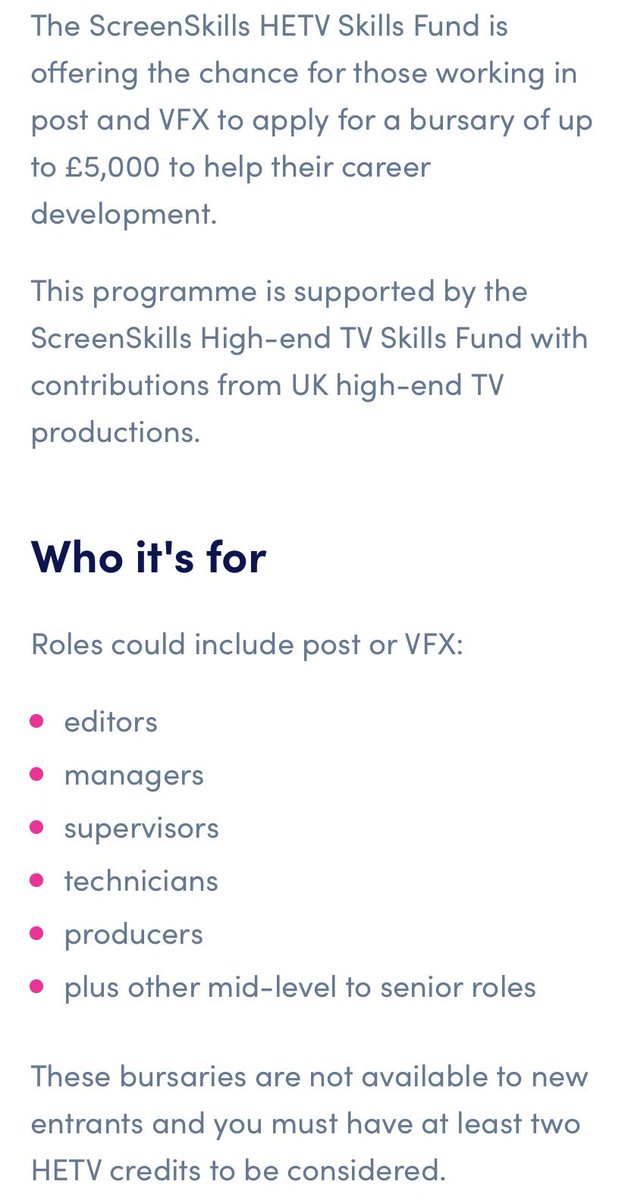 Hopefully some useful, and benifical bursaries to the Post Production sector. Please do not let the restrictive list of job roles put you off applying, if you work in post, and meet the criteria stated, please apply. Link here screenskills.com/bookings/high-…