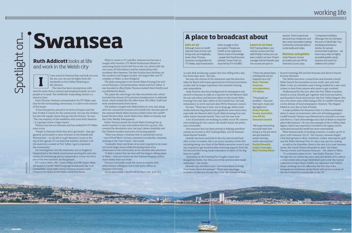 RuthAddicott's tweet photo. My piece on my hometown #Swansea in the new issue of The Journalist https://t.co/s4DYZn7VHP thanks @ITVDean @_kathygriff @andywordsmith @raehowells &amp; Natasha @HirstPhotos  for the beautiful pic @mschrisbuckley #LocalNews https://t.co/45iHhMcfXv